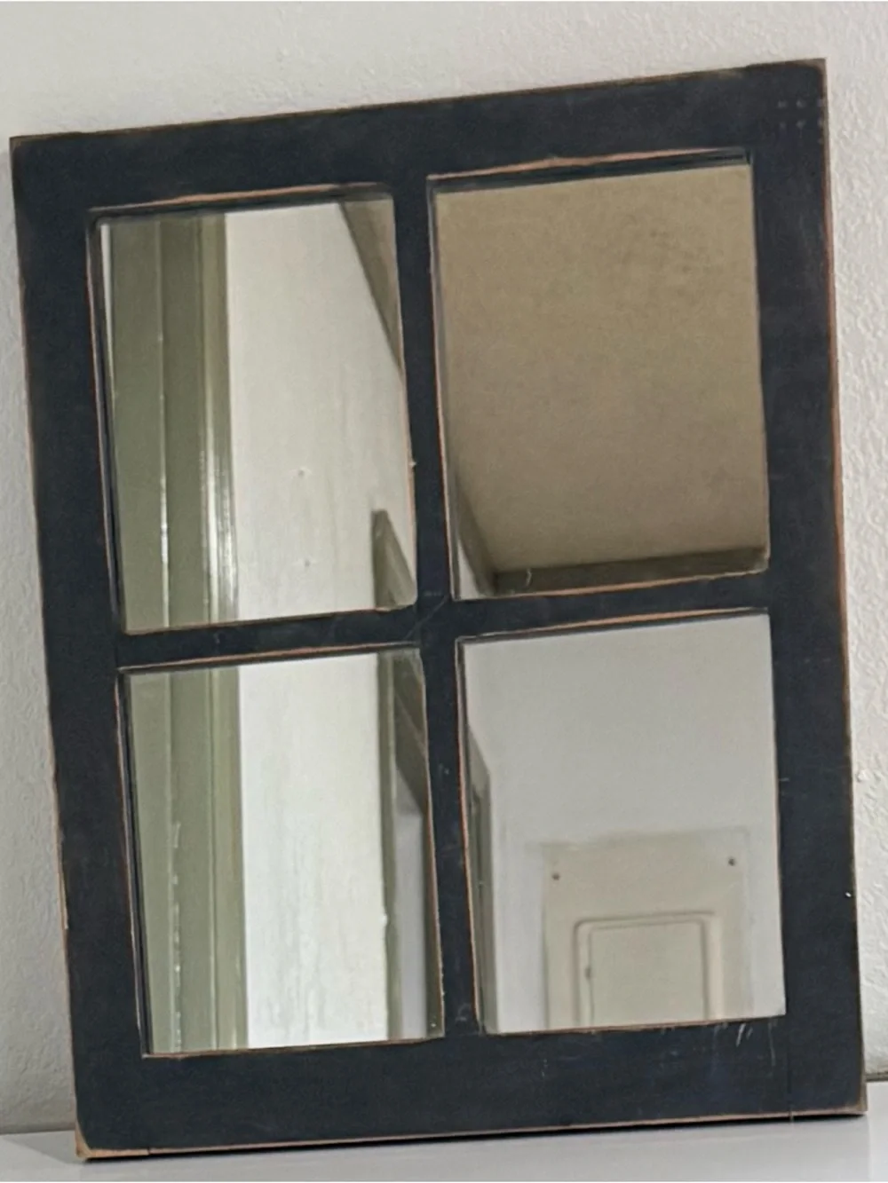 VTG Rustic Farmhouse Windowpane Mirror Distressed Dark Gray Wood Frame 20”x 16”